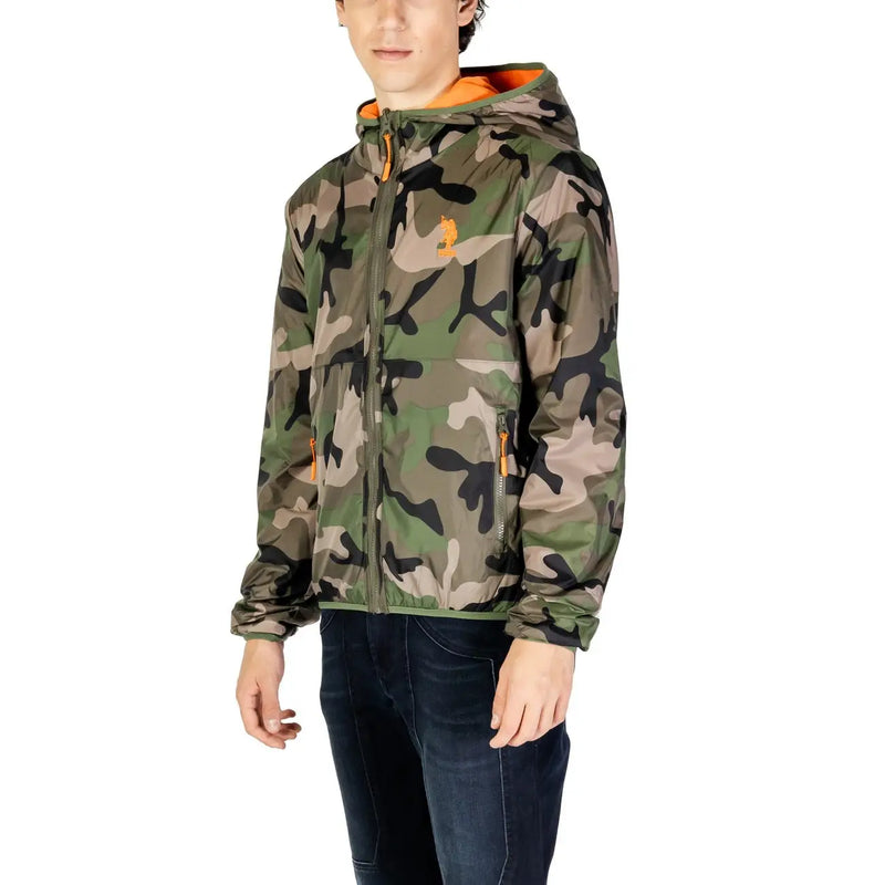 U.S. Polo Assn. men blazer classic fit cotton blend with camouflage pattern hooded jacket and orange zipper details