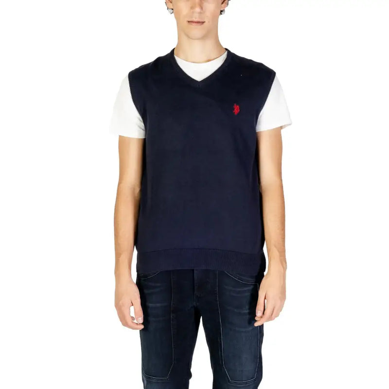 Navy blue polo sweater vest with white trim and red logo, u.s.