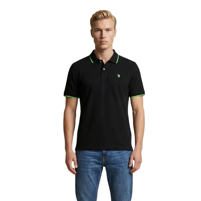 Polo noir US Polo Assn. pour homme, coupe classique, en coton avec bordures vert fluo et logo brodé, taille L