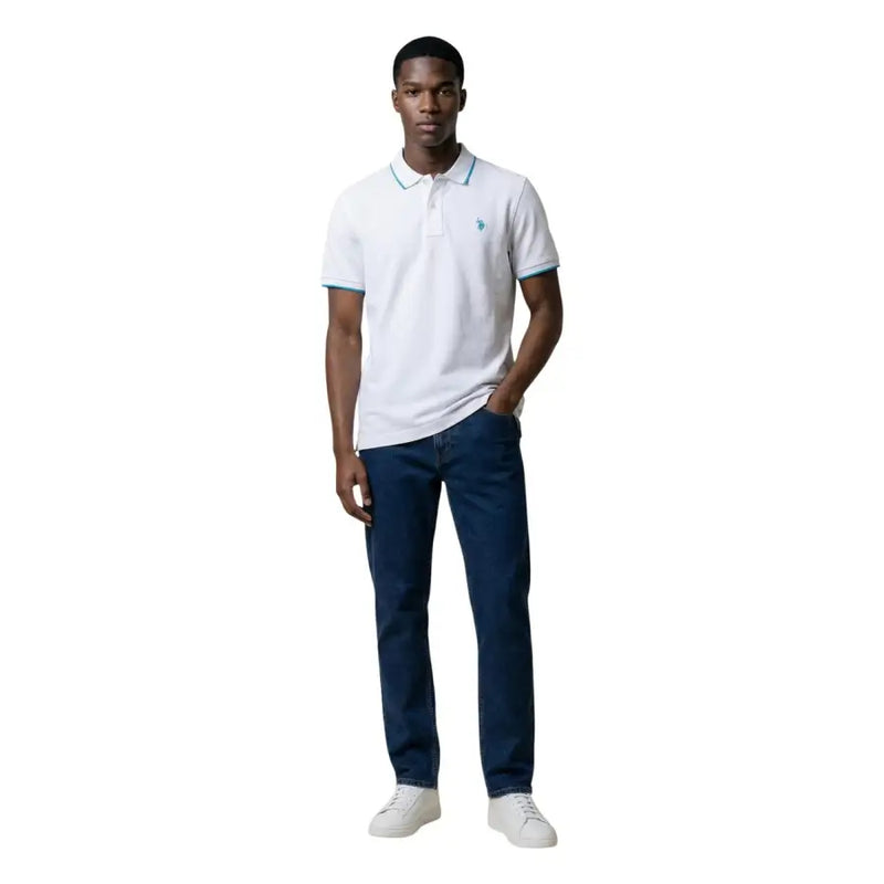 Polo homme US Polo Assn. coupe classique en coton blanc avec finitions turquoise et petit logo brodé sur la poitrine, taille L