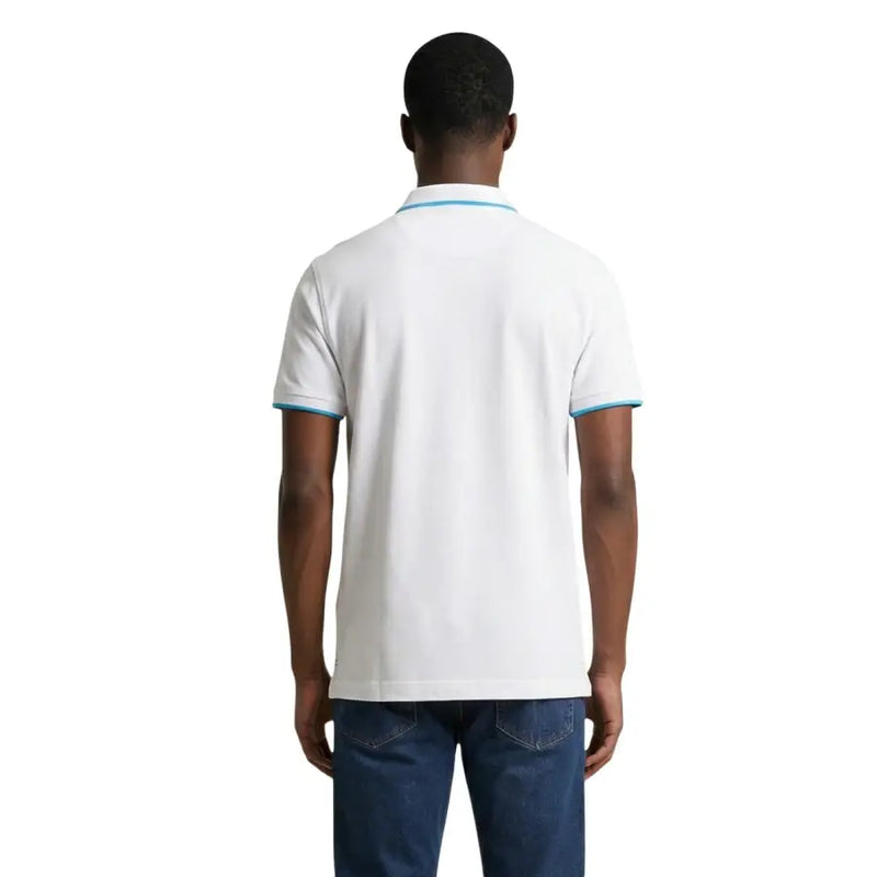 Polo homme US Polo Assn. coupe classique en coton blanc avec liseré bleu clair au col et aux poignets, taille L