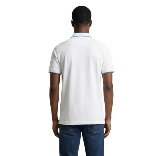 Polo homme US Polo Assn. coupe classique en coton blanc avec liseré bleu clair au col et aux poignets, taille L