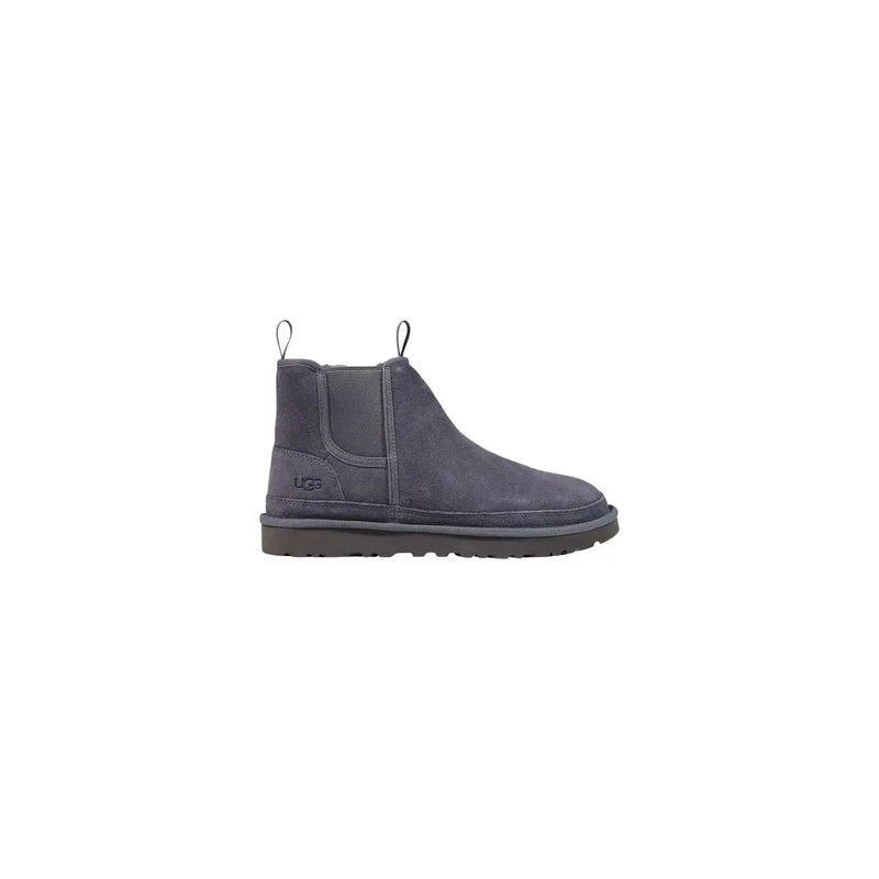 Bottes Chelsea Ugg pour homme en similicuir beige avec empiècements latéraux élastiques en daim gris foncé et semelle en caoutchouc