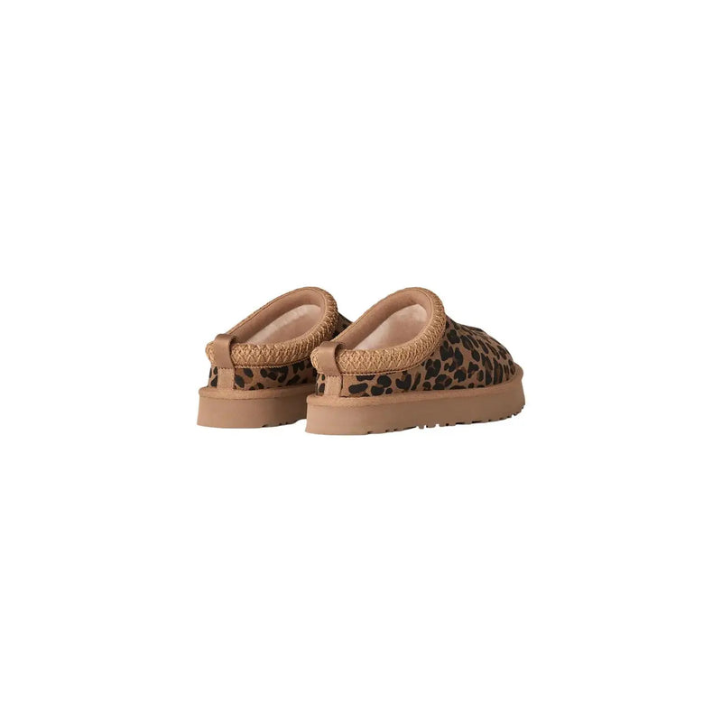 Bottes Ugg pour homme en daim à imprimé léopard marron avec bordure en daim beige et semelle épaisse en caoutchouc, mules à enfiler