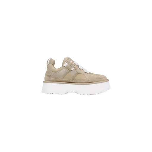 Bottes Ugg pour femmes en cuir beige à plateforme, avec lacets blancs et semelle blanche épaisse, style baskets