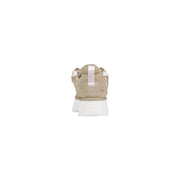 Ugg women beige leather platform boots featuring a beige ugg sneaker with white rubber sole and light pink pull tab