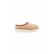 Ugg beige leather slip-on moccasin with red trim and white sole