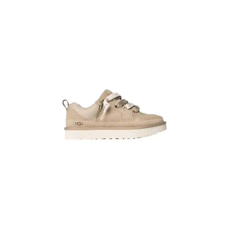 Ugg women beige suede sneaker with mesh side panel and velcro straps for comfortable casual wear
