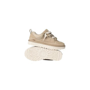 Ugg women beige suede lace up sneakers with metallic silver laces and white rubber sole