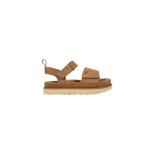 Sandales Ugg pour femme en daim beige à plateforme avec bride de cheville ajustable couleur camel pour un confort et un maintien élégants