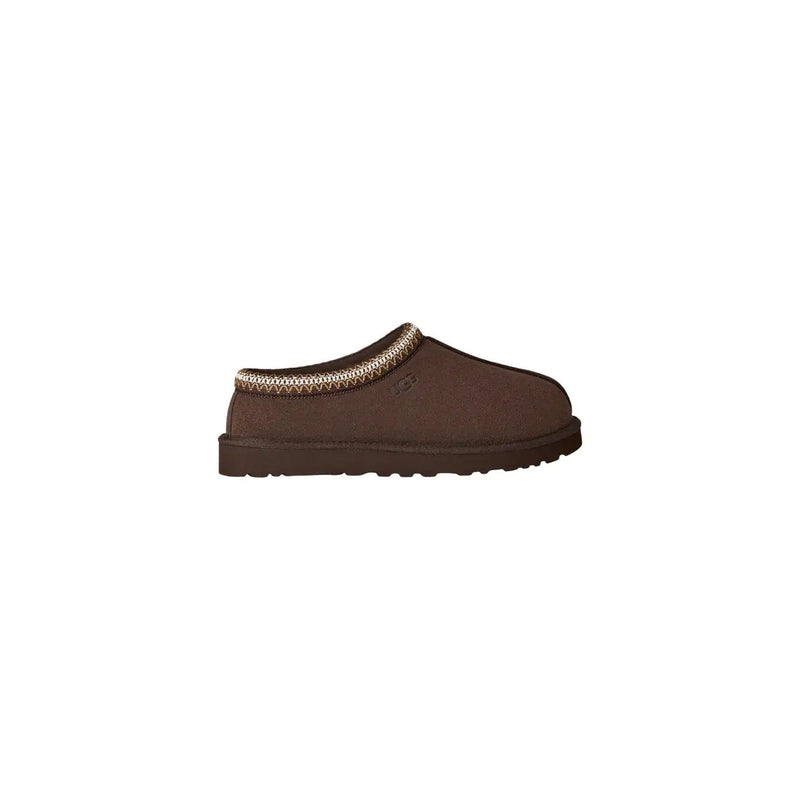 Pantoufles mules à enfiler à bout rond en daim beige pour femmes Ugg marron avec bordure tissée légère texturée pour les vêtements d'automne et d'hiver