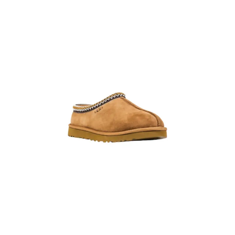 Tan suede ugg women beige round toe slipper with braided trim and rubber sole for fall winter use