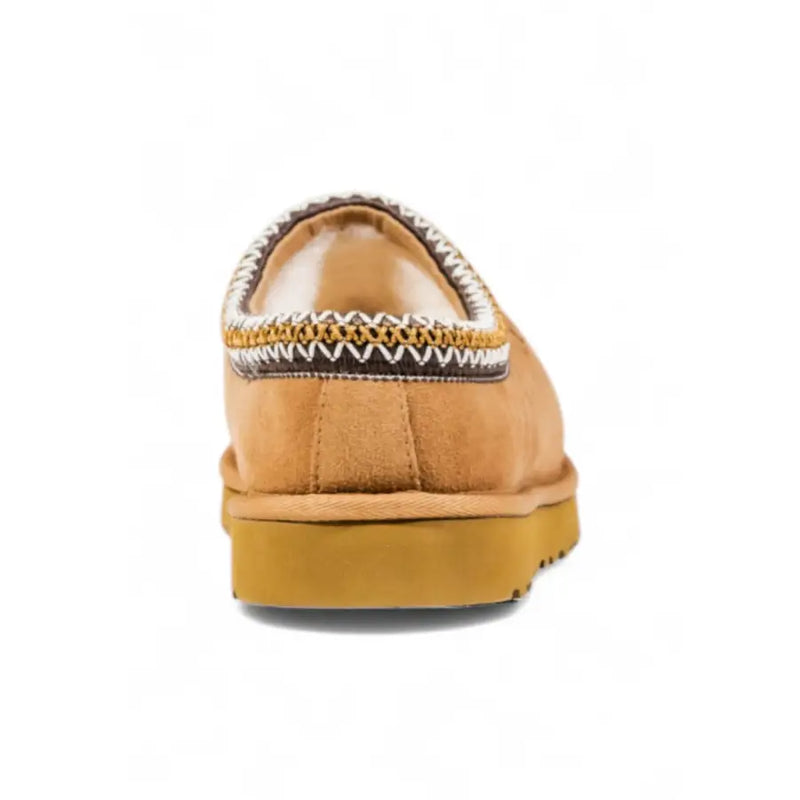 Ugg women beige tan suede round toe slippers with contrasting black white and mustard stitched trim for fall winter
