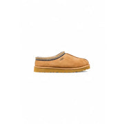 Ugg women beige suede round toe slippers with tan suede slip-on mule and decorative zigzag stitch trim for fall winter