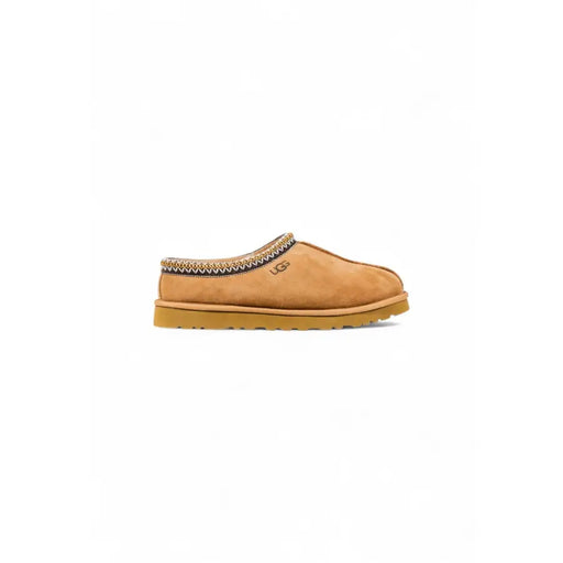 Ugg women beige suede round toe slippers with tan suede slip-on mule and decorative zigzag stitch trim for fall winter