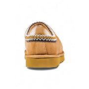 Ugg women beige tan suede round toe slippers with contrasting black white and mustard stitched trim for fall winter