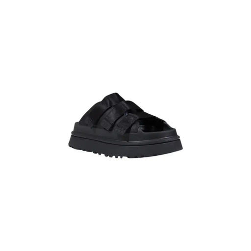 UGG women black faux leather platform sandal with wide straps