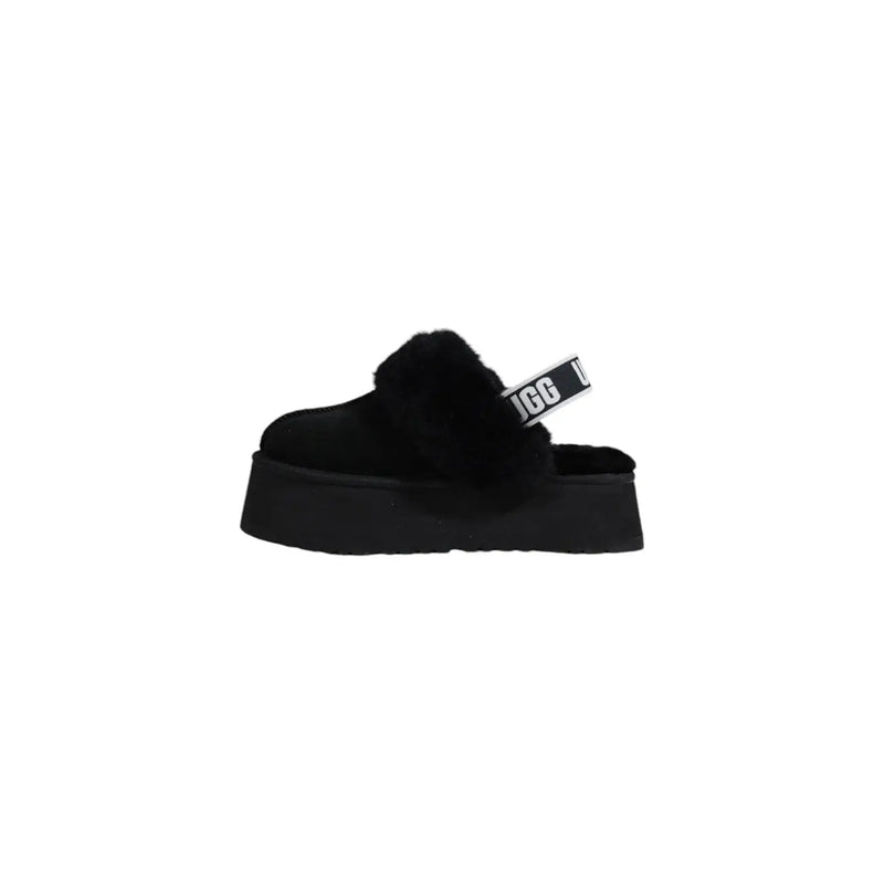 Black ugg women suede leather platform slippers with plush fur lining and branded strap visible from the back side