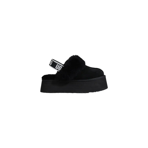 Pantoufles Ugg pour femmes en cuir suédé noir avec doublure en peau de mouton retournée et plateforme à bride griffée.