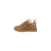 Ugg women brown sneaker made of tan suede with plush white shearling lining and chunky rubber sole for sport use