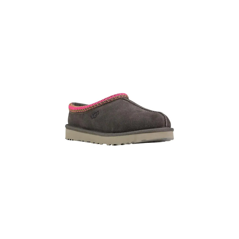 Ugg women leather boots grey Tasman II slippers in dark gray suede with vibrant pink woven trim along the opening