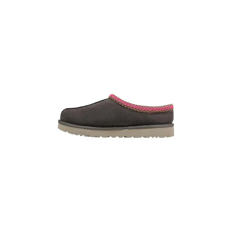 Ugg women leather dark gray suede slip-on mule with vibrant pink woven trim grey Tasman II slippers