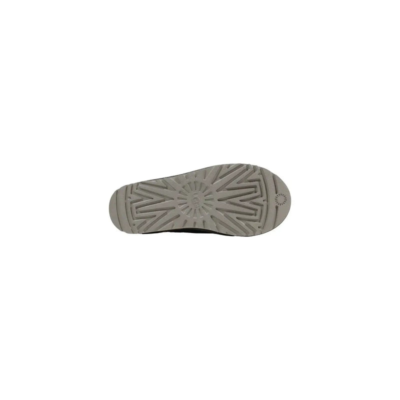 Back side of ugg women leather boots grey tasman II slippers showing gray rubber sole with starburst tread pattern
