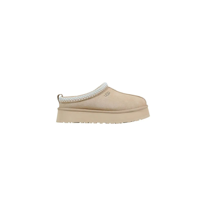 Beige ugg women leather platform slip-on mule slippers with suede upper and white zigzag trim for spring wear