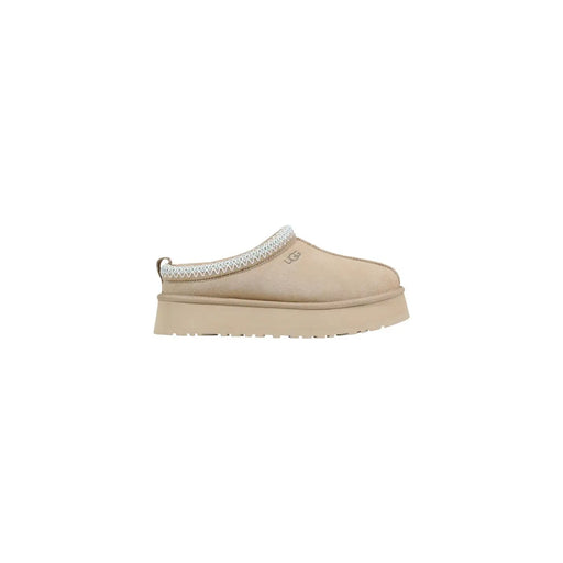 Beige ugg women leather platform slip-on mule slippers with suede upper and white zigzag trim for spring wear
