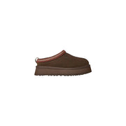 Ugg women leather platform slippers in beige with brown suede slip-on mule and red beige woven trim along opening