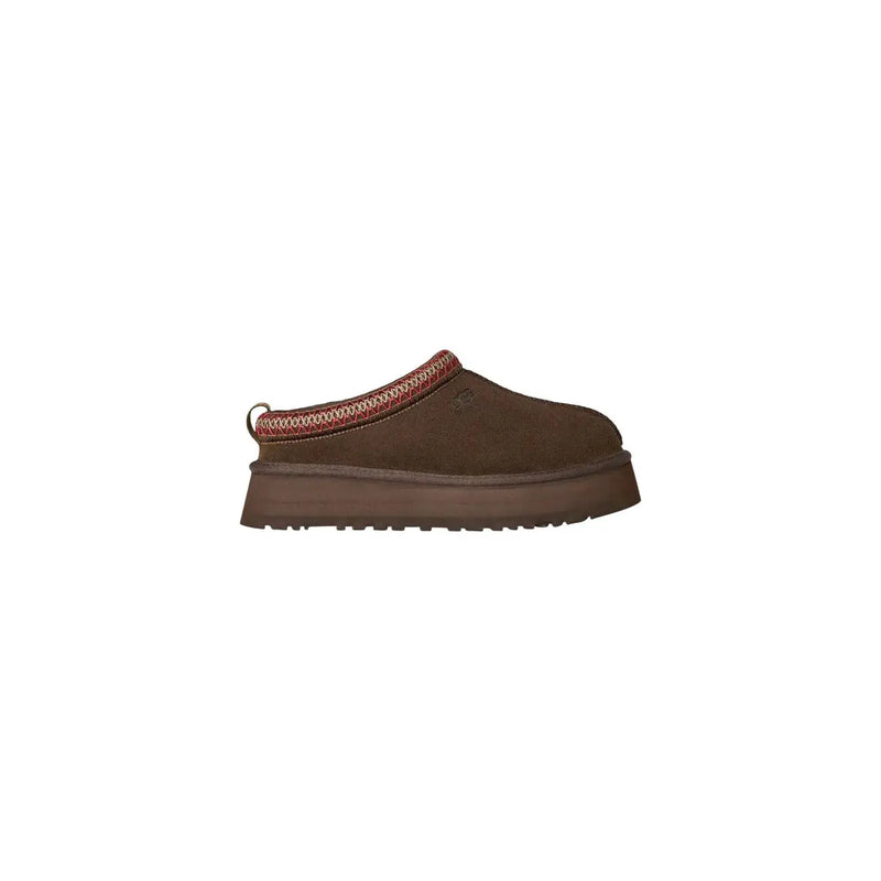 Ugg women leather platform slippers in beige with brown suede slip-on mule and red beige woven trim along opening