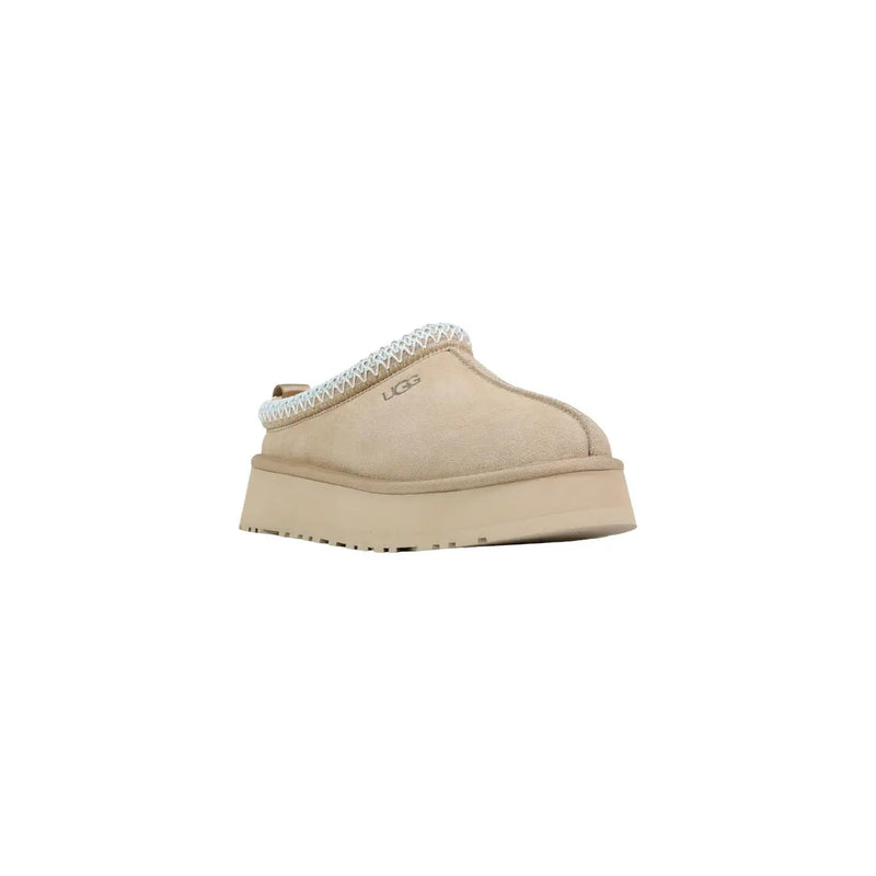 Beige ugg women leather platform slippers with suede upper and white braided trim for spring wear