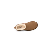 Tan ugg women leather slip on shoe with soft plush interior lining in beige for spring summer use