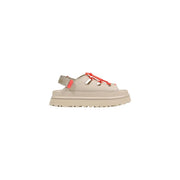 Beige platform ugg women sandal with red laces and gray strap made of polyurethane for spring footwear use