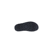 Back view of ugg women black polyurethane sandals featuring a dark gray rubber sole with geometric tread pattern and ugg logo