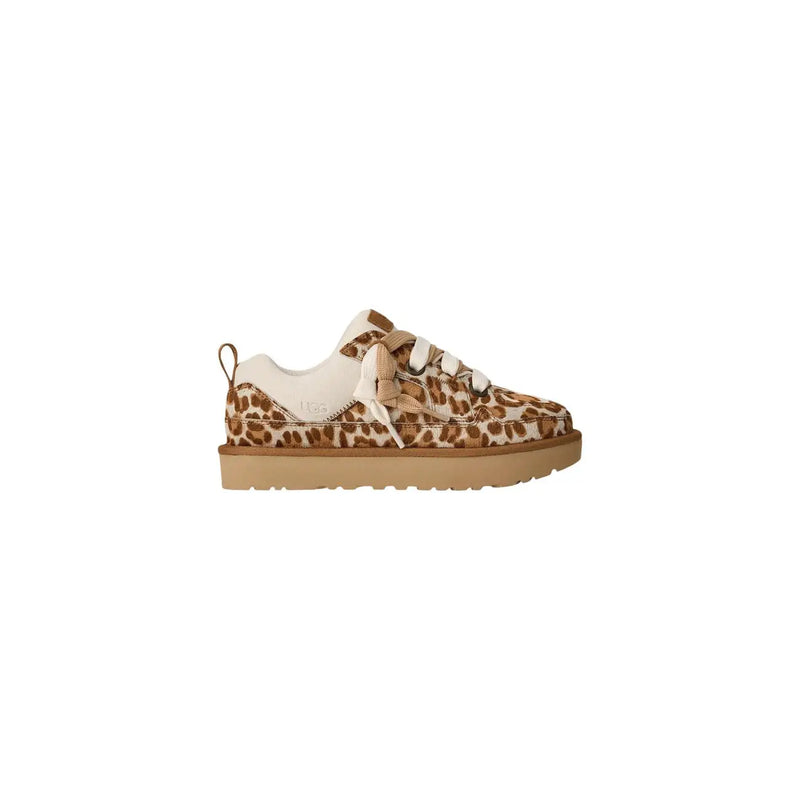 Ugg women suede sneakers in beige with leopard print cream laces and a tan rubber sole for casual wear