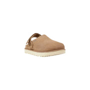 UGG women’s beige suede clog slippers with white sole and strap