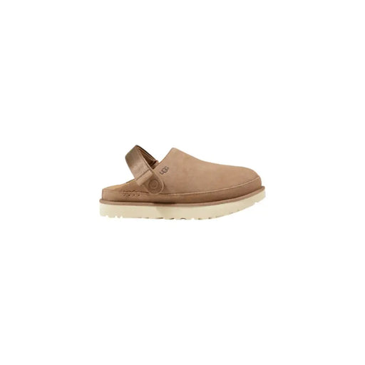 Ugg women’s beige polyester spring summer slippers tan suede clog with strap and light-colored rubber sole