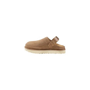 UGG Women’s beige tan suede clog slippers with white rubber sole and adjustable strap