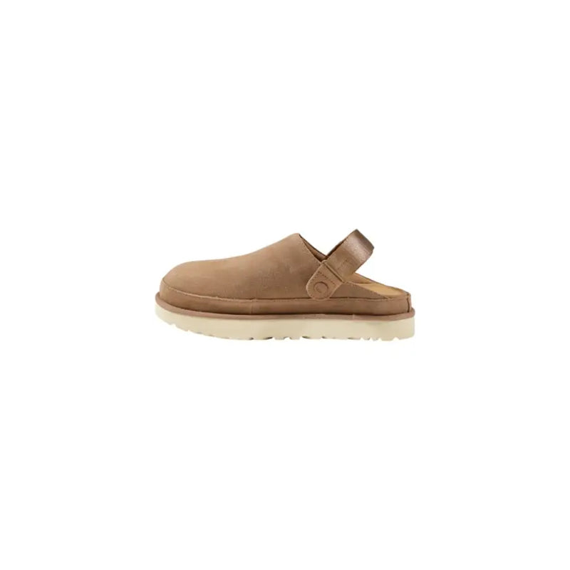 UGG Women’s beige tan suede clog slippers with white rubber sole and adjustable strap