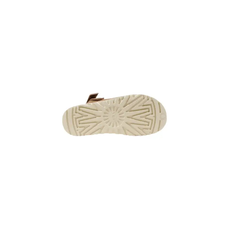 Back view of ugg women’s beige polyester spring summer slippers with rubber sole featuring starburst tread pattern