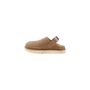 Ugg women’s beige polyester spring summer slippers in tan suede clog style with strap and white rubber sole
