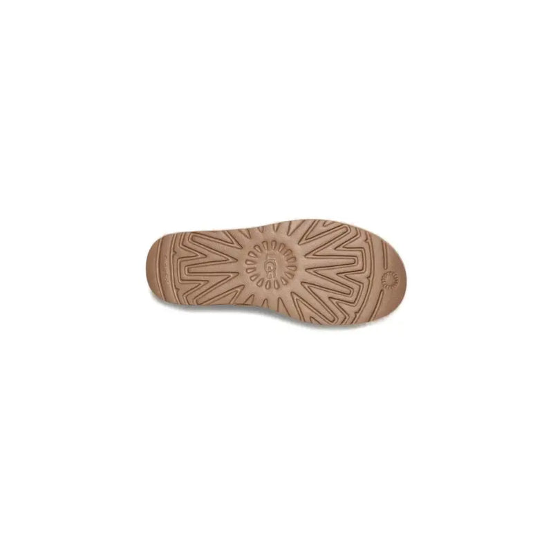 Tan rubber sole with starburst tread pattern and embossed ugg logo on ugg women’s beige suede ankle boots fall winter collection