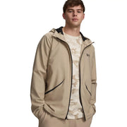 Under armour Veste à capuche beige tissée pour homme avec fermeture éclair et finitions noires, idéale pour le sport et les loisirs.