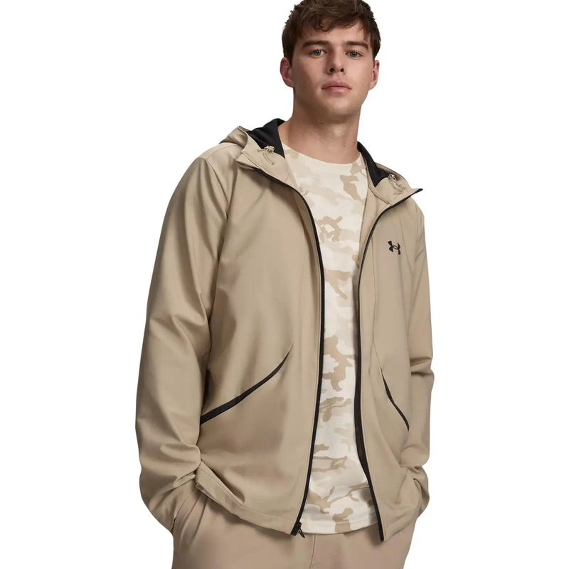 Under armour Veste à capuche beige tissée pour homme avec fermeture éclair et finitions noires, idéale pour le sport et les loisirs.