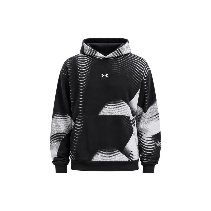 Under Armour Sweat à capuche noir pour homme en molleton de coton mélangé, orné d'un motif abstrait de vagues blanches et d'une doublure de capuche texturée grise.