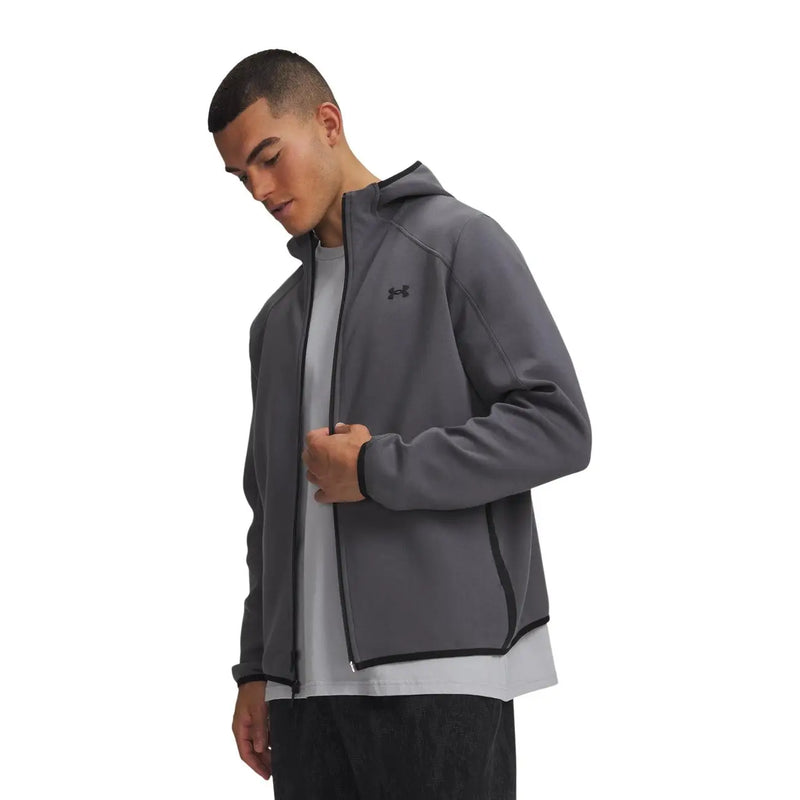 Under armour Sweat à capuche noir en polaire pour homme, avec capuche grise, fermeture éclair et finitions noires.