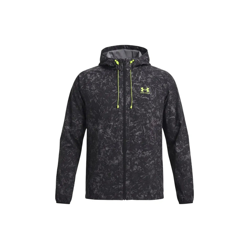 Under armour Veste à capuche noire pour homme en polyester avec motif marbré noir et gris et tirettes de fermeture éclair jaune fluo