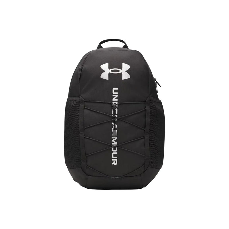 Under armour Sac à dos homme en polyester imprimé noir avec logo blanc, marquage vertical et empiècements latéraux en mesh.