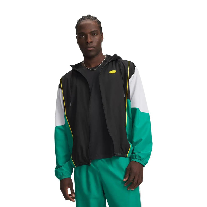 Under Armour Veste à capuche grise en polyester pour homme, ornée de blocs de couleurs noir, blanc et turquoise, et de détails passepoilés jaunes.